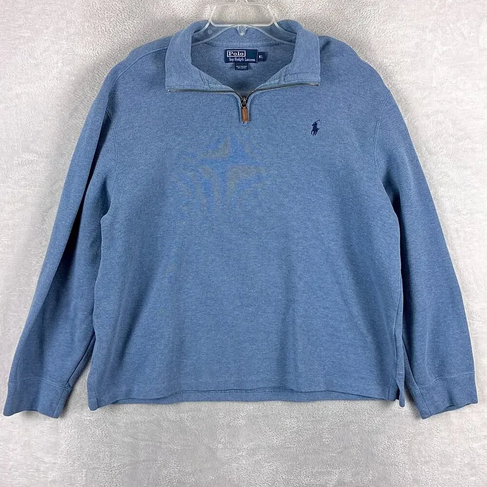 VTG Polo Ralph Lauren Sweater Mens XL Powder Blue Navy Pony 1/4 Zip Pullover 90s
